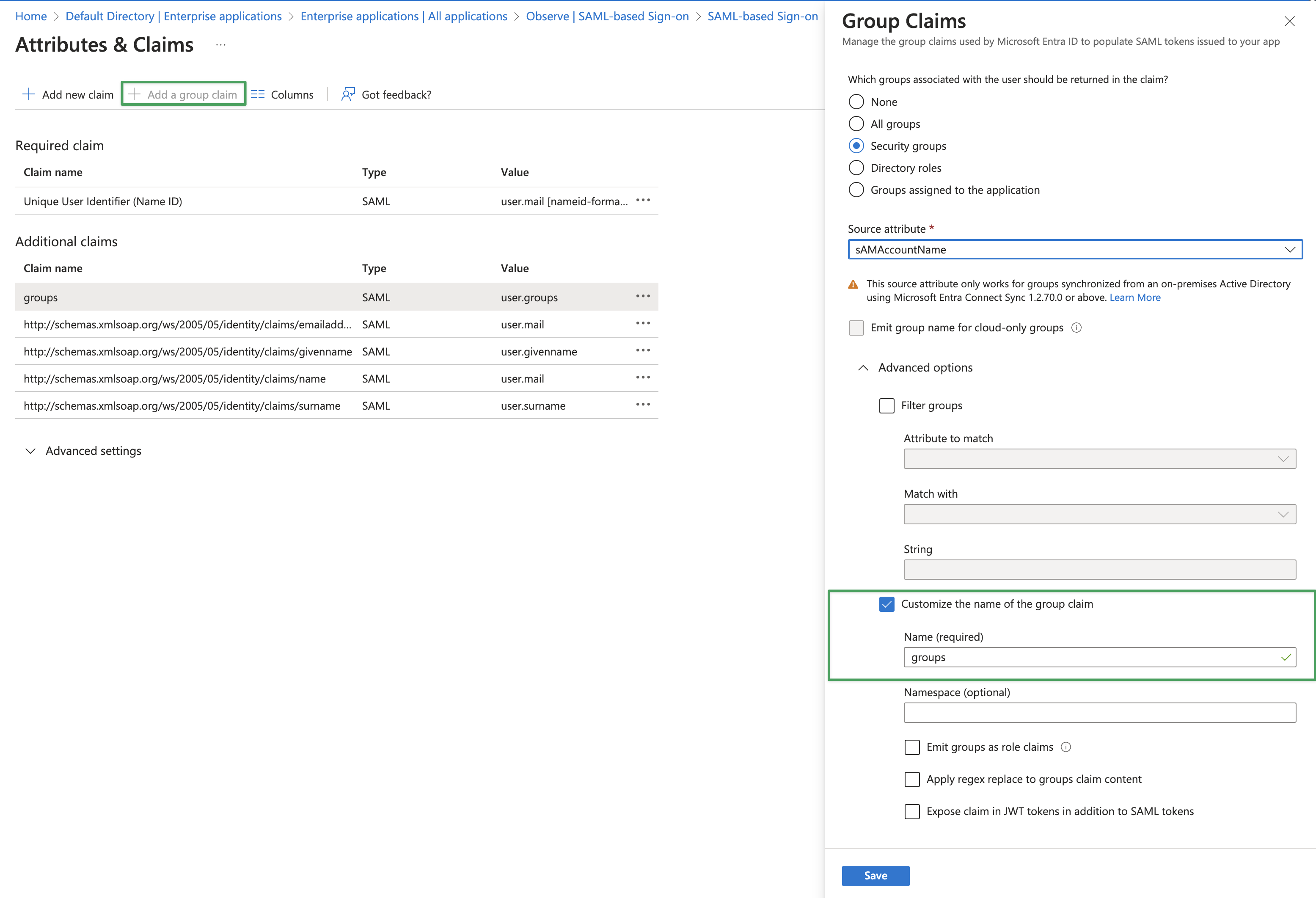 Observe SAML settings with security groups