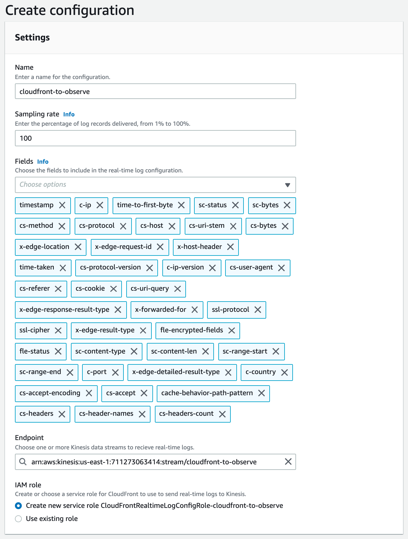Real-time logs configuration, "Create configuration," "Settings" section.